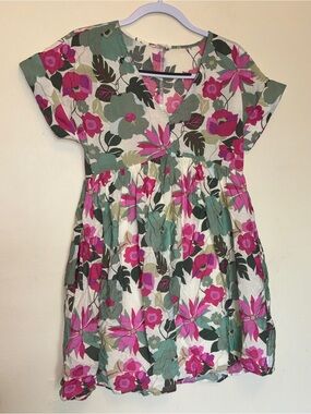 Entro Boho Floral Mini Babydoll Dress Sz S V-Neck Fit & Flare Peasant Pockets